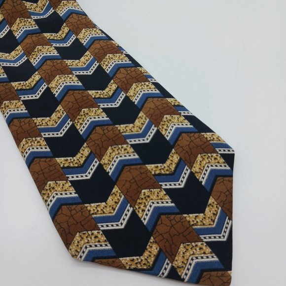 L'Homme 100% Italian Silk Men's Necktie Brown Blue Black Chevron Pattern - Picture 2 of 7
